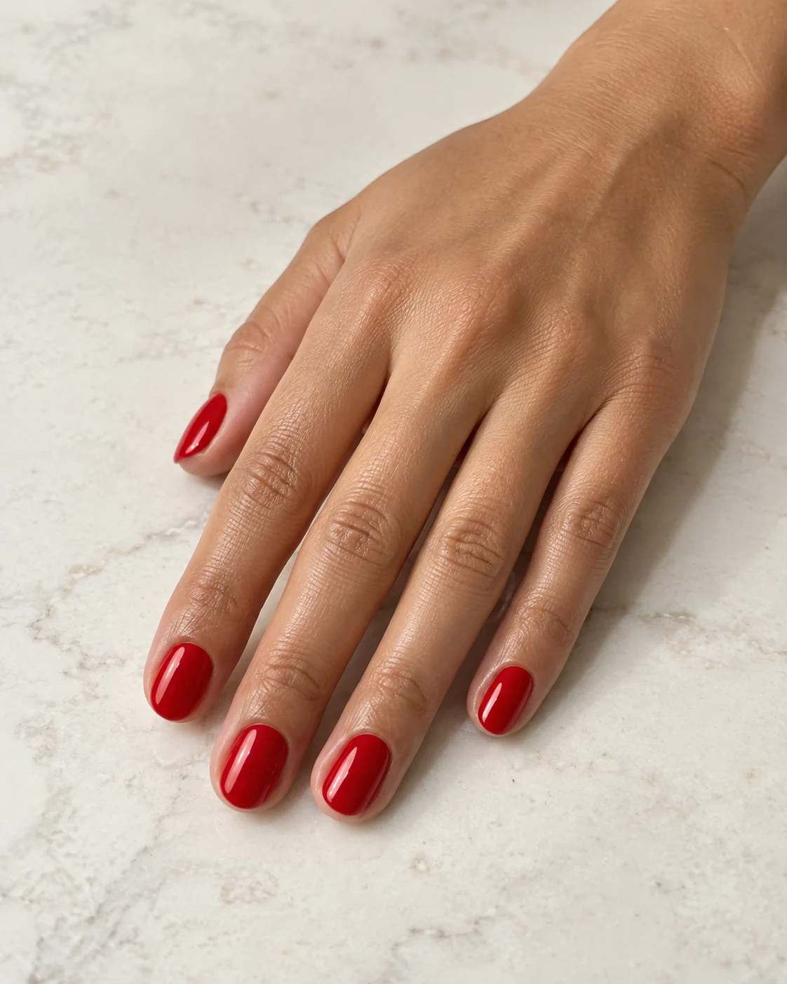Glossy cherry-red polish on short oval nails