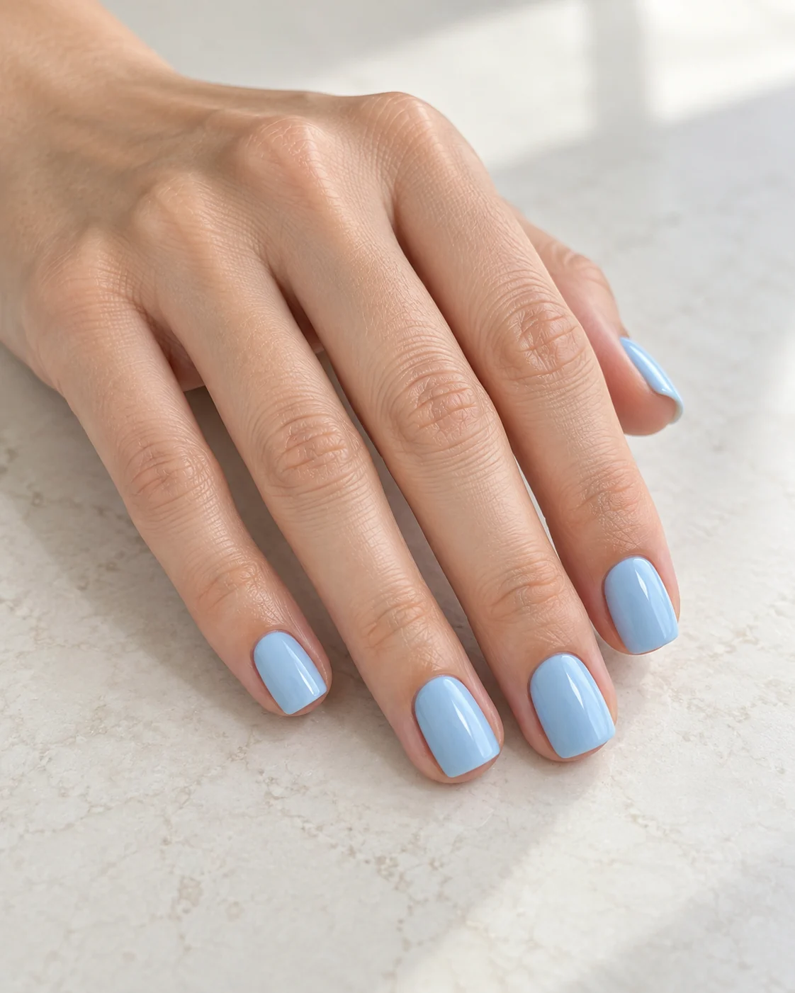 Powder blue polish on short softly squared nails