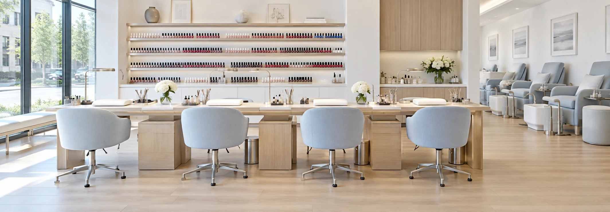 Bright modern nail studio with pale blue chairs, light oak manicure stations, and large sunlit windows