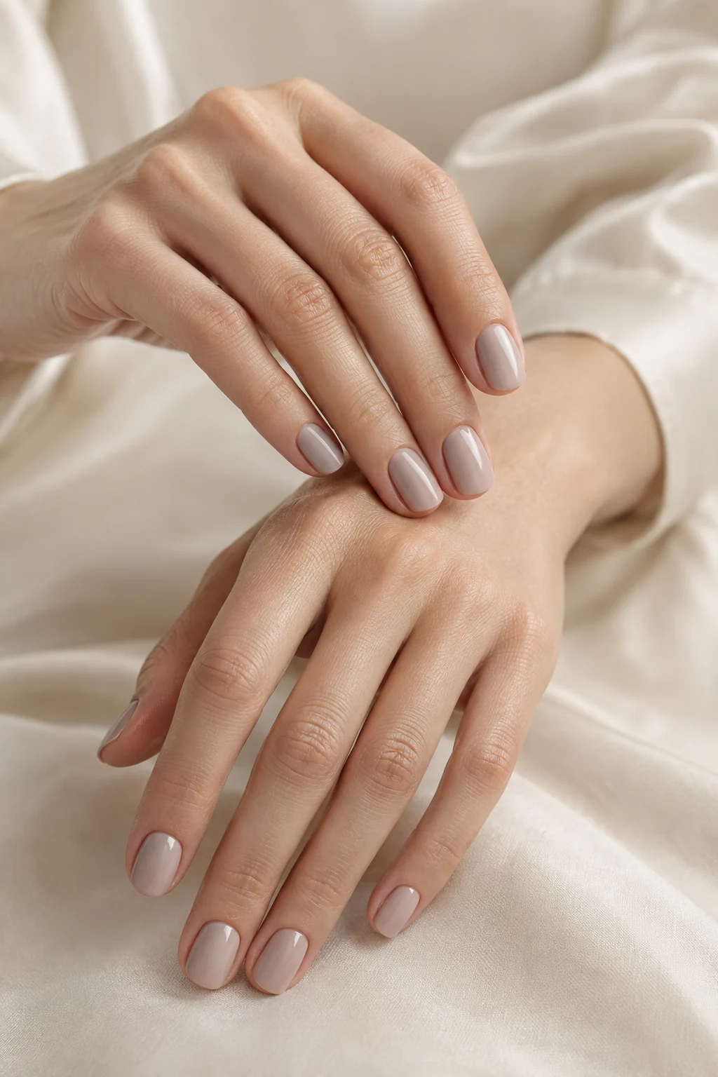 Glossy pale taupe manicure with softly squared tips