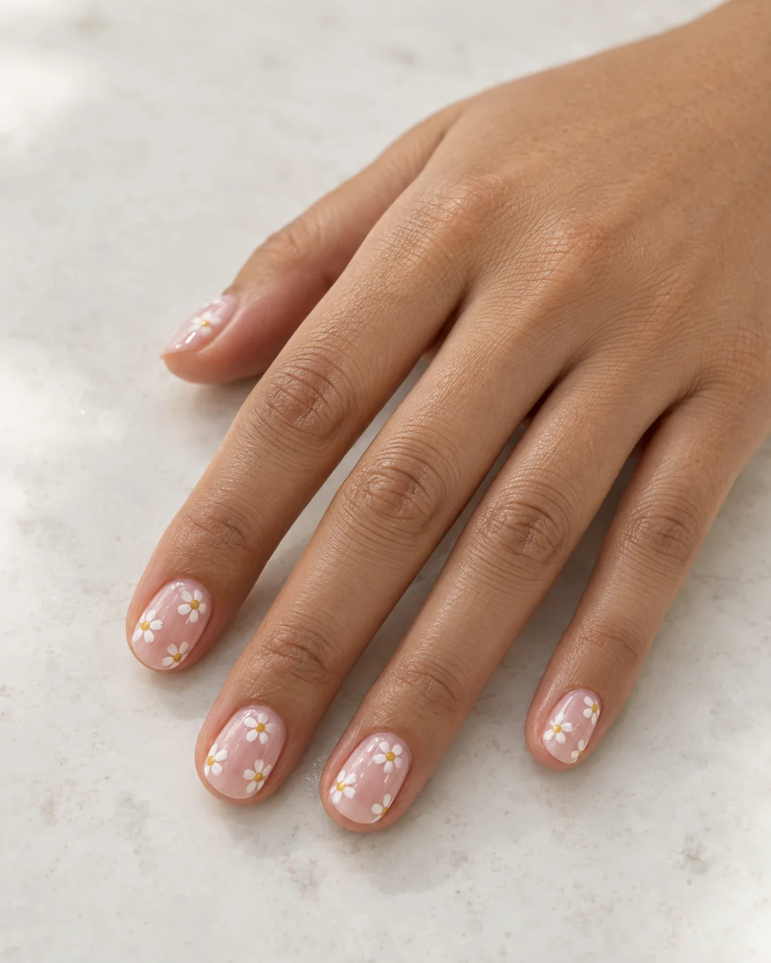 Tiny white daisies with yellow centers on sheer pink nails